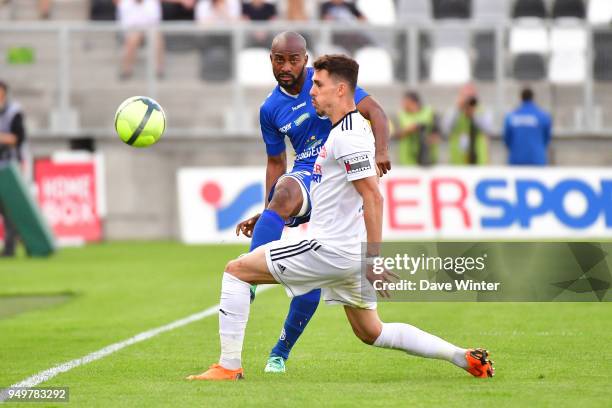 Dimitri Foulquier of Strasbourg and Bongani Zungu of Amiens during the Ligue 1 match between Amiens SC and Strasbourg at Stade de la Licorne on April...