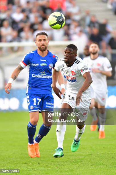 Bakaye Dibassy of Amiens and Anthony Goncalves of Strasbourg during the Ligue 1 match between Amiens SC and Strasbourg at Stade de la Licorne on...