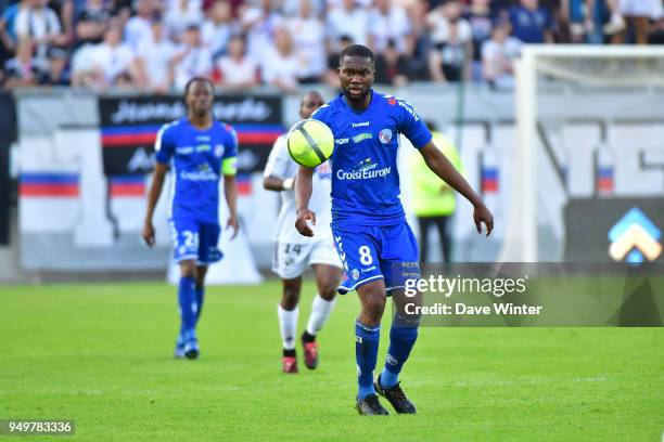 Jean Eudes Aholou of Strasbourg during the Ligue 1 match between Amiens SC and Strasbourg at Stade de la Licorne on April 21, 2018 in Amiens, .