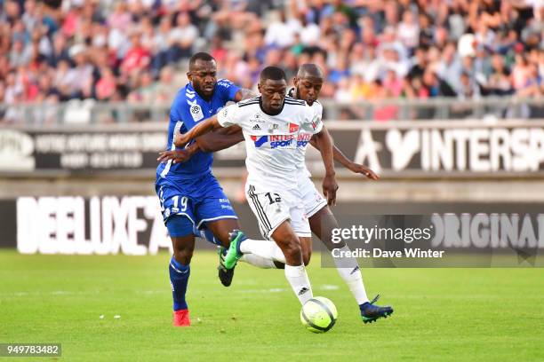 Stephane Bahoken of Strasbourg, Bakaye Dibassy of Amiens and Prince Desir Gouano of Amiens during the Ligue 1 match between Amiens SC and Strasbourg...