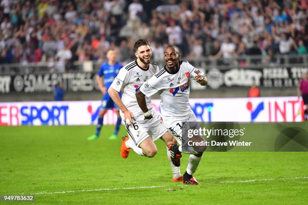 Gael Kakuta of Amiens celebrates after putting his side 3-0 ahead with Thomas Monconduit of Amiens during the Ligue 1 match between Amiens SC and...