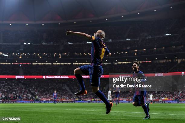 Andres Iniesta of FC Barcelona celebrates after scoring his team's fourth goal during the Spanish Copa del Rey Final match between Barcelona and...