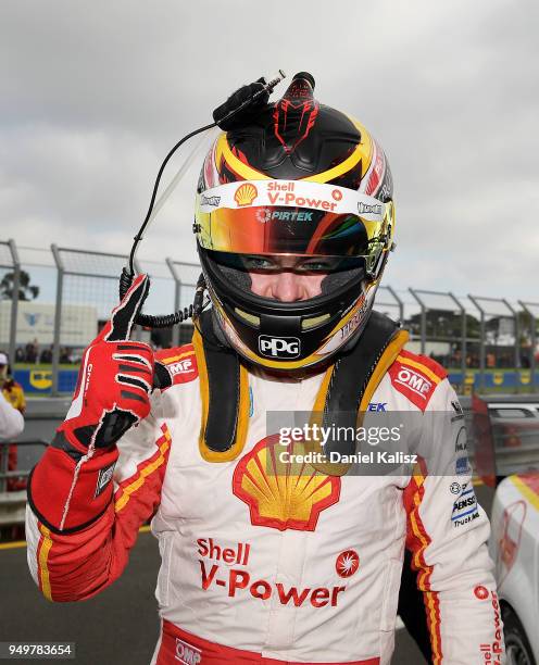 Scott McLaughlin driver of the Shell V-Power Racing Team Ford Falcon FGX celebrates after taking pole position for race 10 during the Supercars...