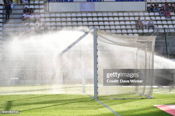 The pitch is watered before the Ligue 1 match between Amiens SC and Strasbourg at Stade de la Licorne on April 21, 2018 in Amiens, .
