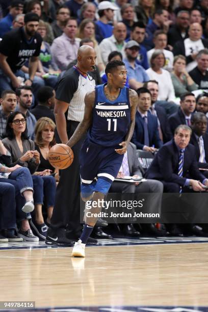 Jamal Crawford of the Minnesota Timberwolves moves up the court during the game against the Houston Rockets in Game Three of Round One of the 2018...