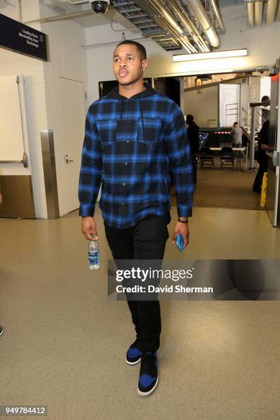 Marcus Georges-Hunt of the Minnesota Timberwolves arrives to the arena prior to Game Three of Round One of the 2018 NBA Playoffs against the Houston...