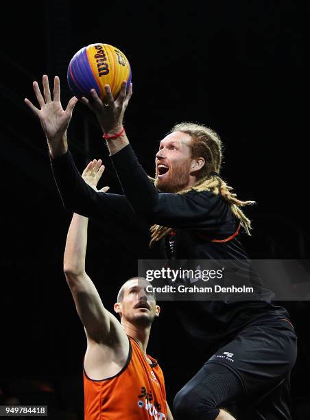 Luke Schenscher of the Townsville Thunder shoots during the match against ToruXToru during the NBL 3x3 Pro Hustle event held at Docklands Studios on...