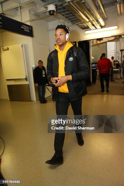 Anthony Brown of the Minnesota Timberwolves arrives to the arena prior to Game Three of Round One of the 2018 NBA Playoffs against the Houston...
