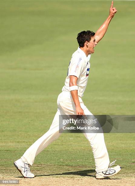 Mitchell Starc of the Blues celebrates after taking the wicket of David Hussey of the Bushrangers during day four of the Sheffield Shield match...