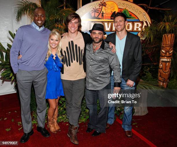 Jaison Robinson, Natalie White, Brett Clouser, Russell Hantz, and Mick Trimming attend "Survivor: Samoa" - Season 19 Finale at CBS Studios on...