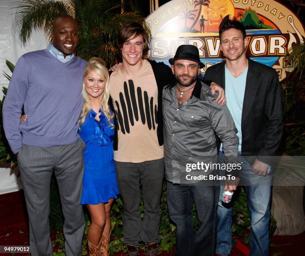 Jaison Robinson, Natalie White, Brett Clouser, Russell Hantz, and Mick Trimming attend "Survivor: Samoa" - Season 19 Finale at CBS Studios on...