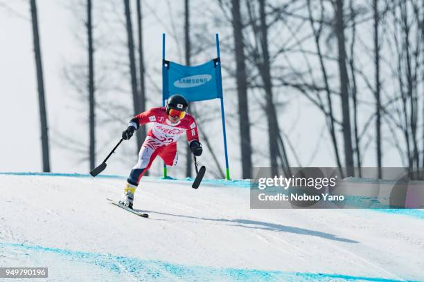 Hiraku MISAWA of JAPAN competes in Alpine Skiing Men's Downhill-Standing during day 1 of the PyeongChang 2018 Paralympic Games on March 10, 2018 in...