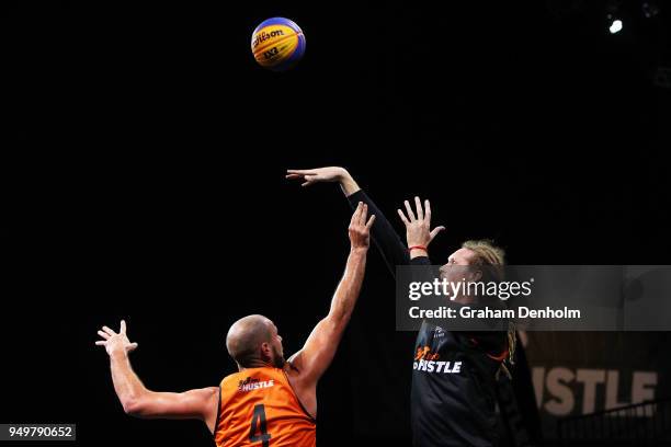 Luke Schenscher of the Townsville Thunder shoots during the match against ToruXToru during the NBL 3x3 Pro Hustle event held at Docklands Studios on...