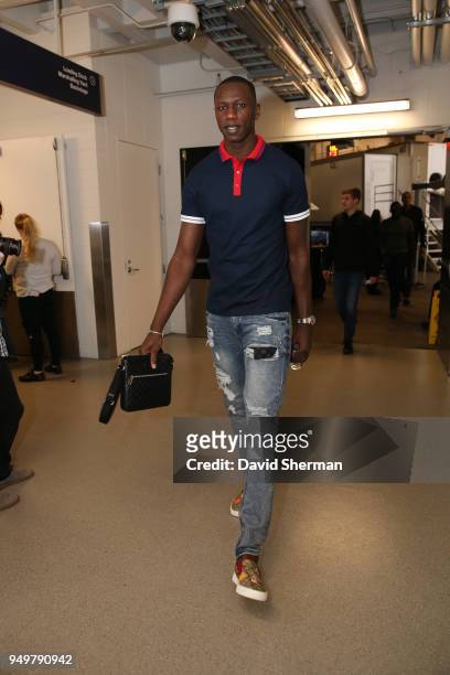 Gorgui Dieng of the Minnesota Timberwolves arrives to the arena prior to Game Three of Round One of the 2018 NBA Playoffs against the Houston Rockets...