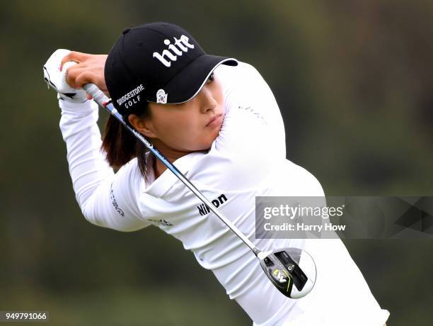 Jin Young Ko of South Korea hits a tee shot on the 14th hole during round three of the Hugel-JTBC Championship at the Wilshire Country Club on April...