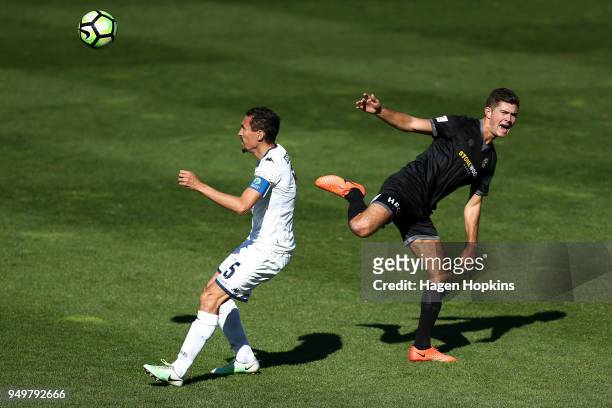 Angel Berlanga of Auckland City FC and Mario Ilich of Team Wellington compete for the ball during leg one of the OFC Champions League 2018...