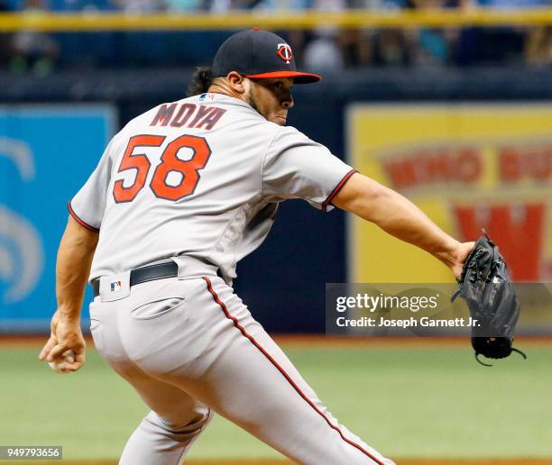 Gabriel Moya of the Minnesota Twins delivers a pitch during the seventh inning of the game against the Tampa Bay Rays at Tropicana Field on April 21,...