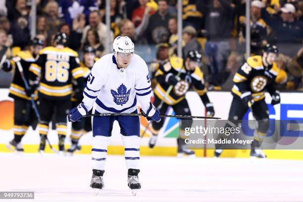 Jake Gardiner of the Toronto Maple Leafs reacts after Sean Kuraly of the Boston Bruins scored during the second period of Game Five of the Eastern...