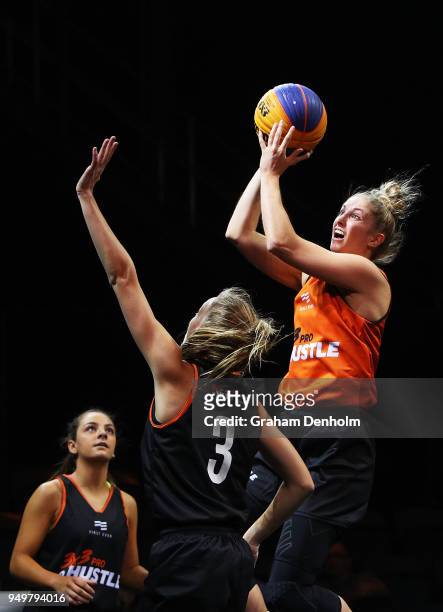Rebecca Cole of Spectres i-Athletic shoots during the match against Melbourne Boomers during the NBL 3x3 Pro Hustle event held at Docklands Studios...