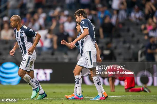 Lucas Albertengo of Monterrey celebrates with teammates after scoring his team´s fourth goal during the 16th round match between Monterrey and Lobos...