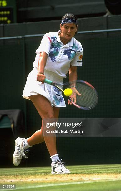 Conchita Martinez of Spain in action during the Womens Singles Final at the Lawn Tennis Championships at Wimbledon in London. \ Mandatory Credit: Bob...