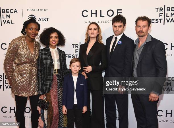 Nia DaCosta, Tessa Thompson, Charlie Ray Reid, Lily James, Luke Kirby and James Badge Dale attend a screening of "Little Woods" during the 2018...