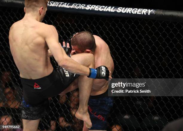 Dan Hooker of New Zealand knees Jim Miller in their lightweight fight during the UFC Fight Night event at the Boardwalk Hall on April 21, 2018 in...