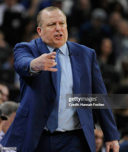 Head coach Tom Thibodeau of the Minnesota Timberwolves reacts to a play against the Houston Rockets during the first quarter in Game Three of Round...