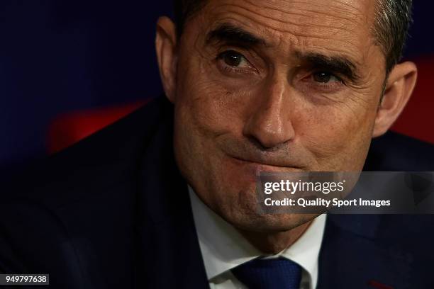 Ernesto Valverde, Manager of FC Barcelona looks on prior to the Spanish Copa del Rey Final match between Barcelona and Sevilla at Wanda Metropolitano...