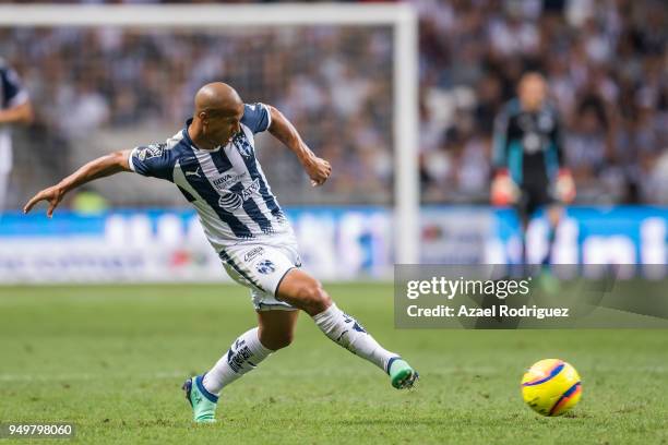 Carlos Sanchez of Monterrey kicks the ball during the 16th round match between Monterrey and Lobos BUAP as part of the Torneo Clausura 2018 Liga MX...