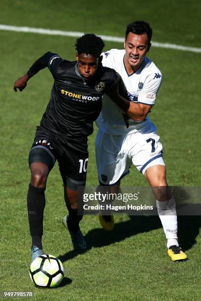 Nathanael Hailemariam of Team Wellington and Cameron Howieson of Auckland City FC compete for the ball during leg one of the OFC Champions League...