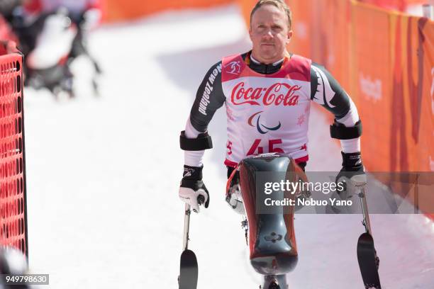 Bronze medalist Corey Peters of New Zealand is going to have interviews after his run in Alpine Skiing Men's Downhill-Sitting during day one of the...