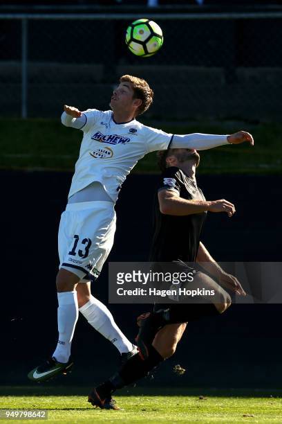 Alfie Rogers of Auckland City FC heads the ball during leg one of the OFC Champions League 2018 Semi-finals series between Team Wellington and...