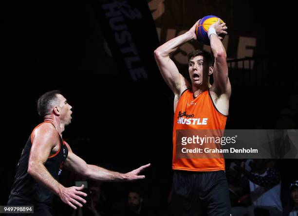 Dane Pineau of Spectres i-Athletic looks to pass during the match against ToruXToru during the NBL 3x3 Pro Hustle event held at Docklands Studios on...