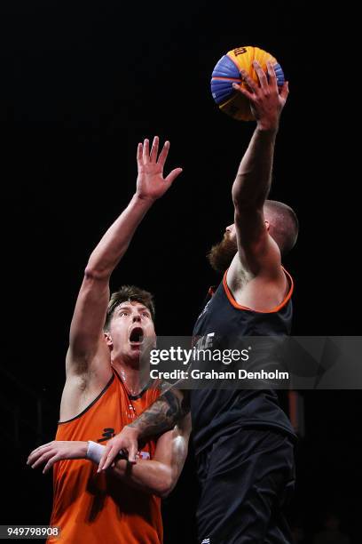 Dane Pineau of Spectres i-Athletic in defence during the match against ToruXToru during the NBL 3x3 Pro Hustle event held at Docklands Studios on...