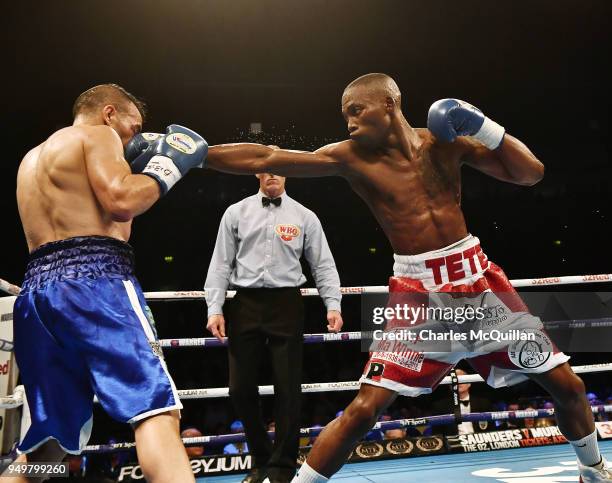 Zolani Tete v Omar Andres Narvaez during the WBO Bantamweight Championship of the World title fight at SSE Arena Belfast on April 21, 2018 in...