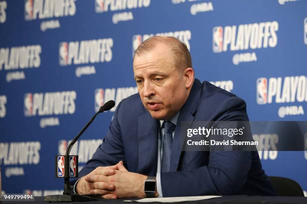 Head Coach Tom Thibodeau of the Minnesota Timberwolves talks to the media following Game Three of Round One of the 2018 NBA Playoffs against the...