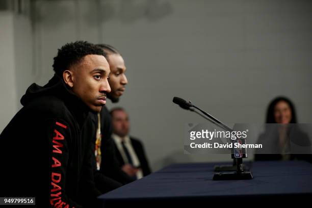 Jeff Teague of the Minnesota Timberwolves talks to the media following Game Three of Round One of the 2018 NBA Playoffs against the Houston Rockets...