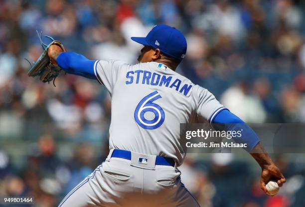 Marcus Stroman of the Toronto Blue Jays in action against the New York Yankees at Yankee Stadium on April 21, 2018 in the Bronx borough of New York...