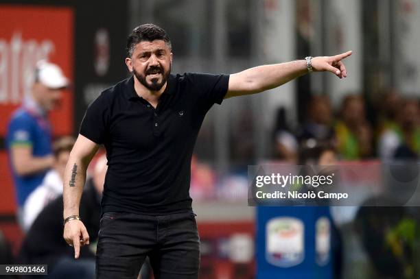 Gennaro Gattuso, head coach of AC Milan, gestures during the Serie A football match between AC Milan and Benevento Calcio. Benevento Calcio won 1-0...