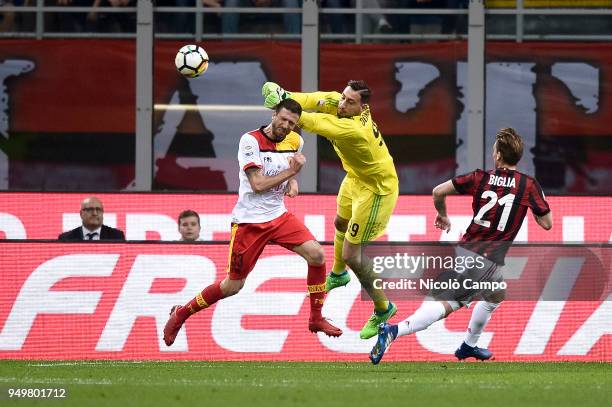 Gianluigi Donnarumma of AC Milan makes a save during the Serie A football match between AC Milan and Benevento Calcio. Benevento Calcio won 1-0 over...