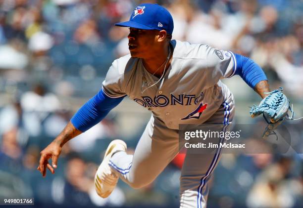 Marcus Stroman of the Toronto Blue Jays in action against the New York Yankees at Yankee Stadium on April 21, 2018 in the Bronx borough of New York...