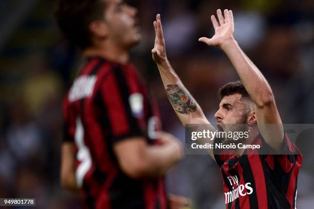 Patrick Cutrone of AC Milan reacts during the Serie A football match between AC Milan and Benevento Calcio. Benevento Calcio won 1-0 over AC Milan.