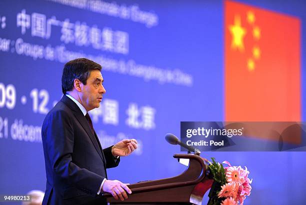 French Prime Minister Francois Fillon speaks at a ceremony confirming a nuclear power cooperation deal with China in the Great Hall of the People on...