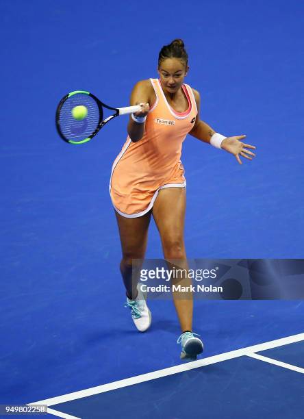 Lesley Kerkhove of the Netherlands plays a forehand in her match against Ashleigh Barty of Australia during the World Group Play-Off Fed Cup tie...