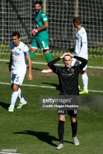 Angus Kilkolly of Team Wellington reacts after a missed opportunity during leg one of the OFC Champions League 2018 Semi-finals series between Team...