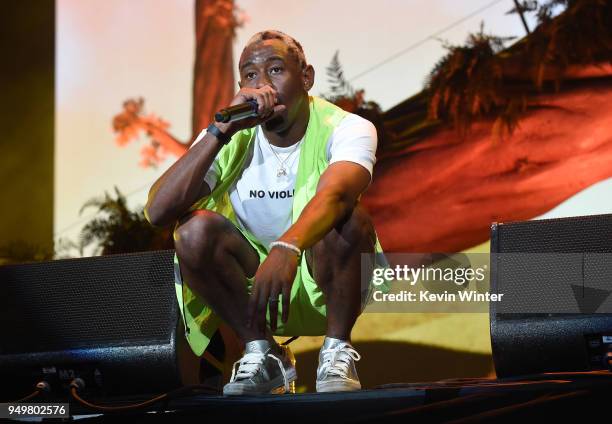 Tyler, the Creator performs onstage during the 2018 Coachella Valley Music And Arts Festival at the Empire Polo Field on April 21, 2018 in Indio,...