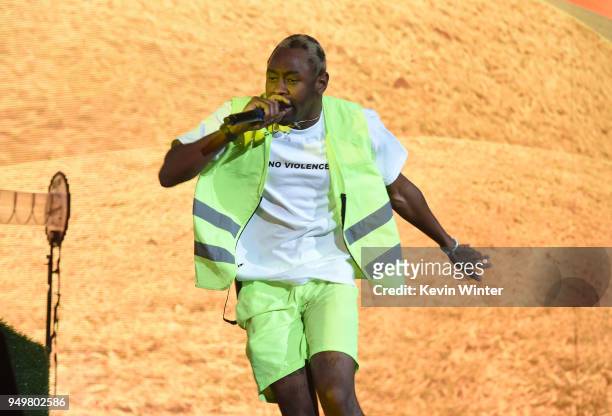 Tyler, the Creator performs onstage during the 2018 Coachella Valley Music And Arts Festival at the Empire Polo Field on April 21, 2018 in Indio,...
