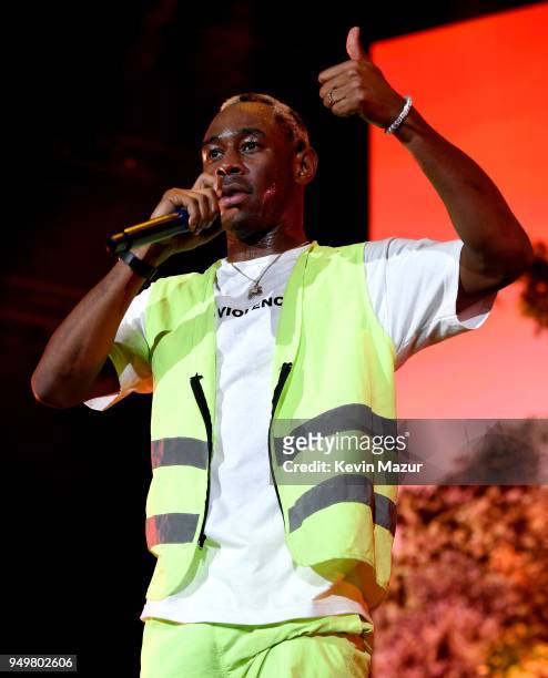 Tyler, the Creator performs onstage during the 2018 Coachella Valley Music And Arts Festival at the Empire Polo Field on April 21, 2018 in Indio,...
