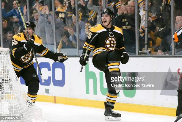 Boston Bruins right wing Noel Acciari reacts to his goal during Game 5 of the First Round for the 2018 Stanley Cup Playoffs between the Boston Bruins...